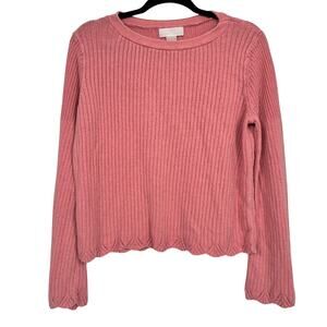 Rachel Parcell Pink Ribbed Knit Pullover Sweater Womens M Bell Sleeve Scalloped